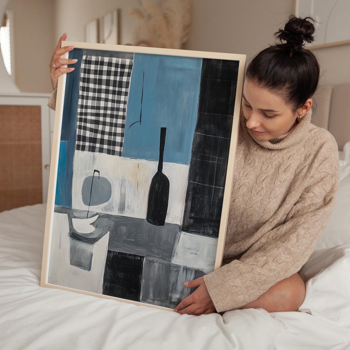 Cubist Still Life With Checkered Panel And Black Bottle In Blue Print