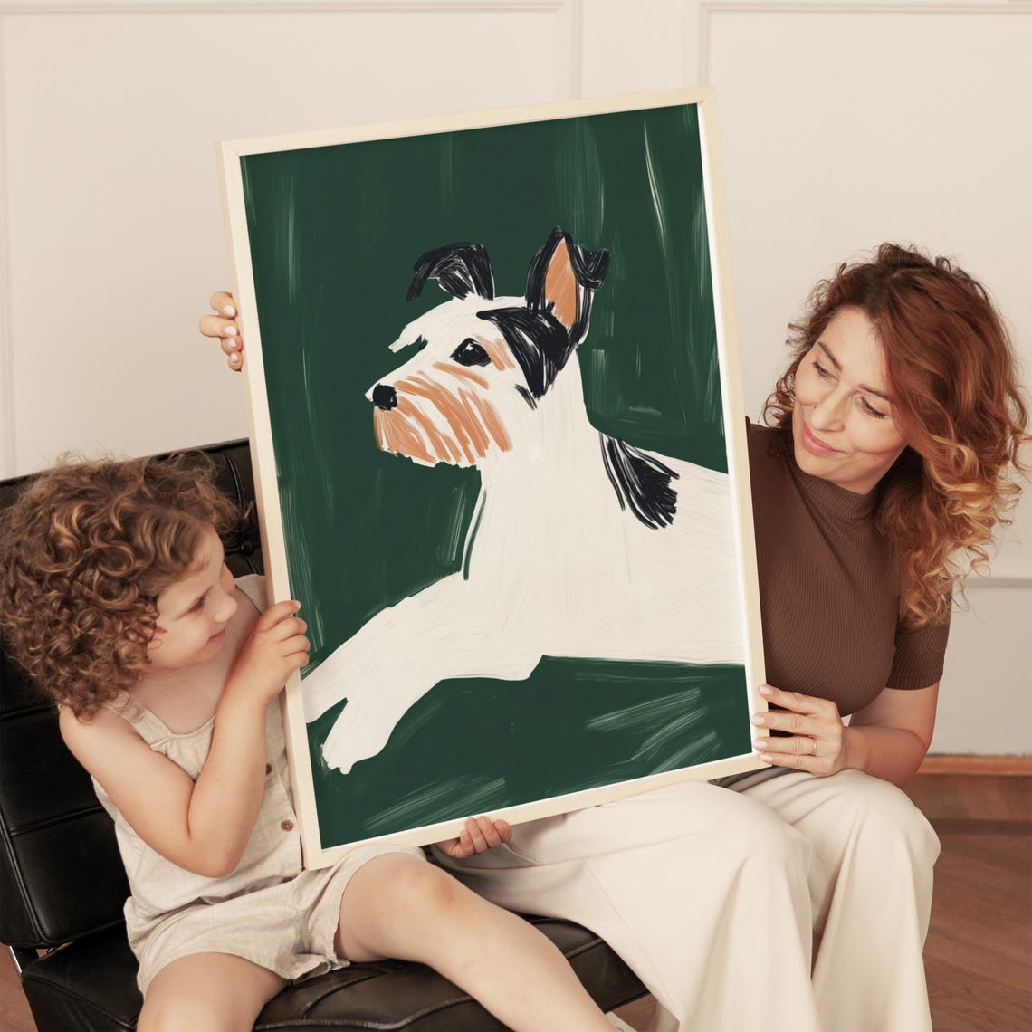 Playful White Dog Portrait On Emerald Green Naive Painting Wall Art - Image 4
