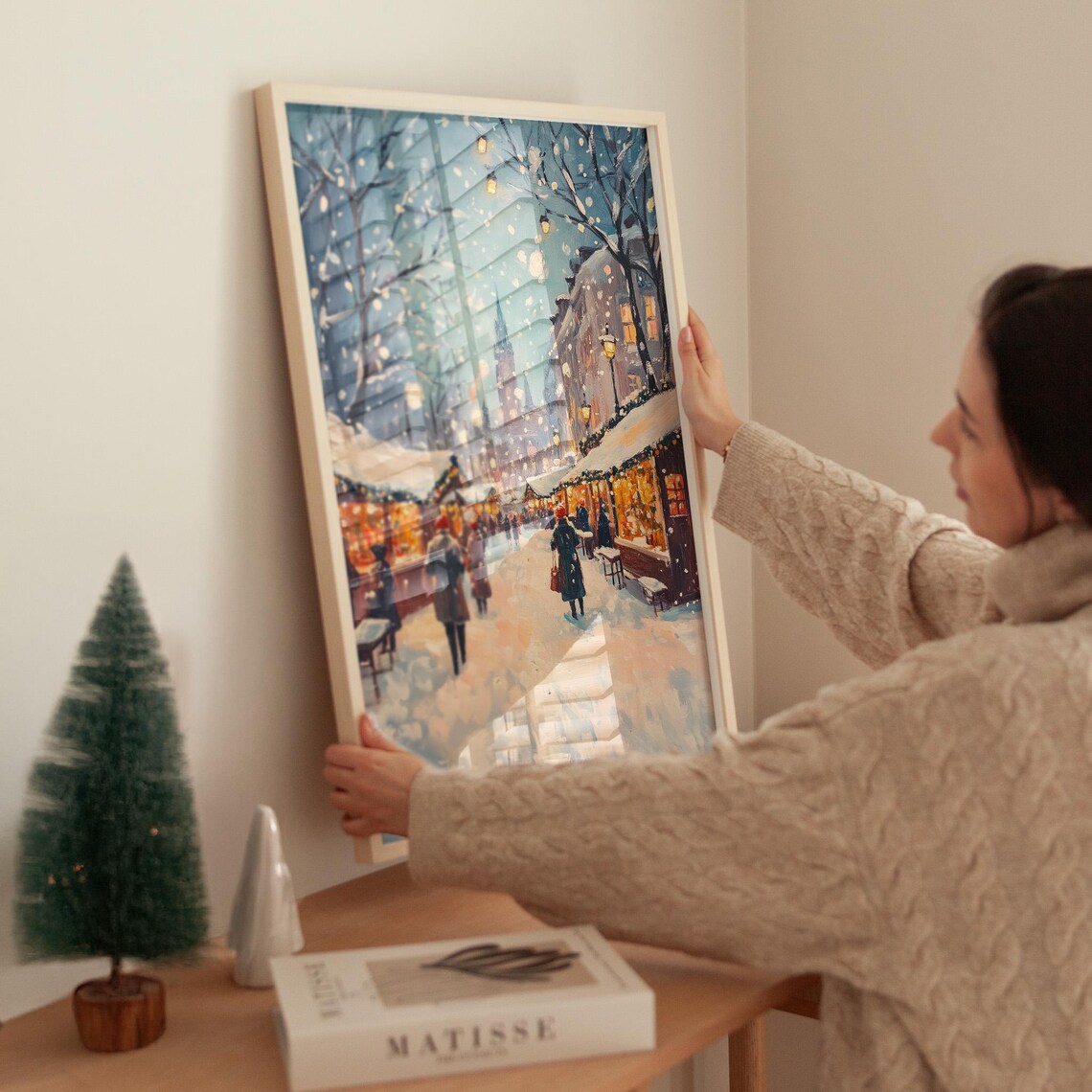 Snowy Christmas Market Street Charming Stalls Evening Lights Art Poster - Image 5