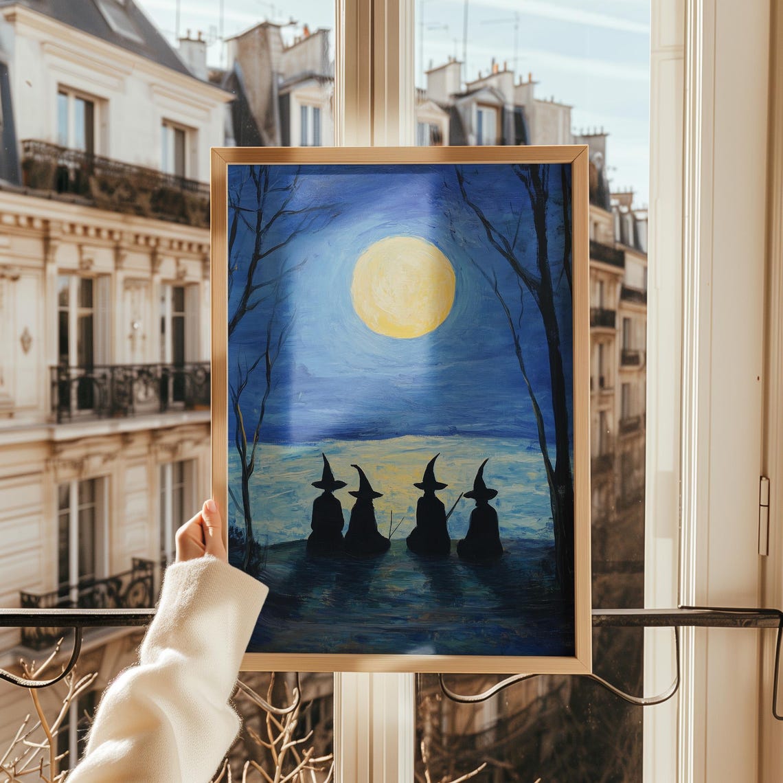 Four Witches Watching the Big Yellow Moon Night Scene Poster - Image 3