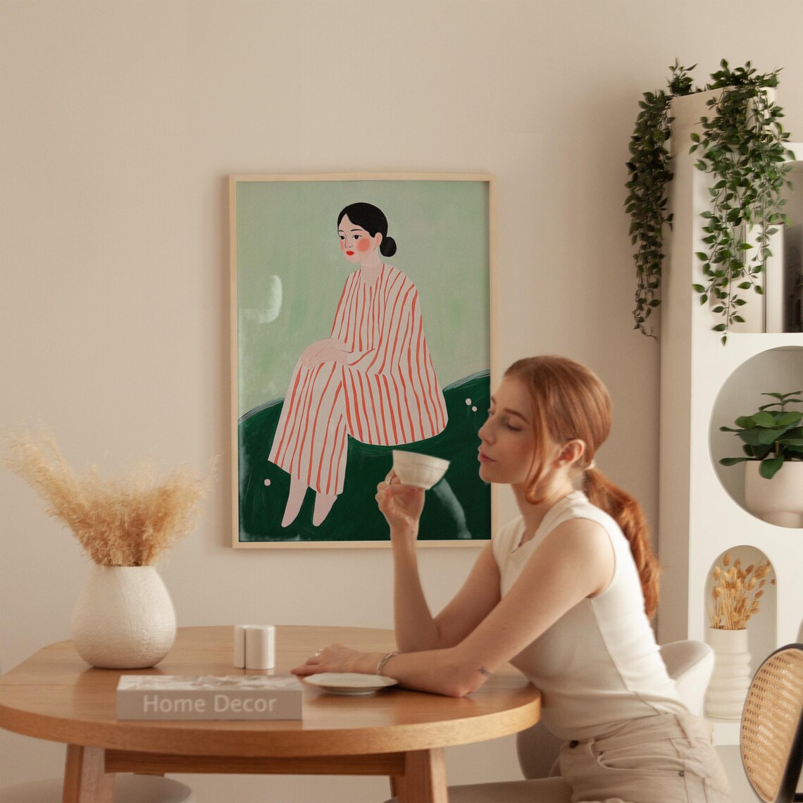 Minimalist Woman Portrait Red Striped Dress Mint Green Figure Art Poster - Image 4