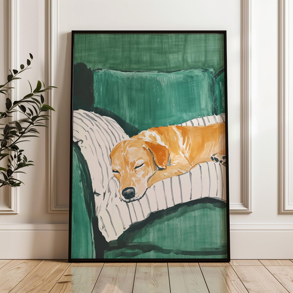 Sleeping Golden Retriever Green Couch Watercolor Cozy Dog Art Poster