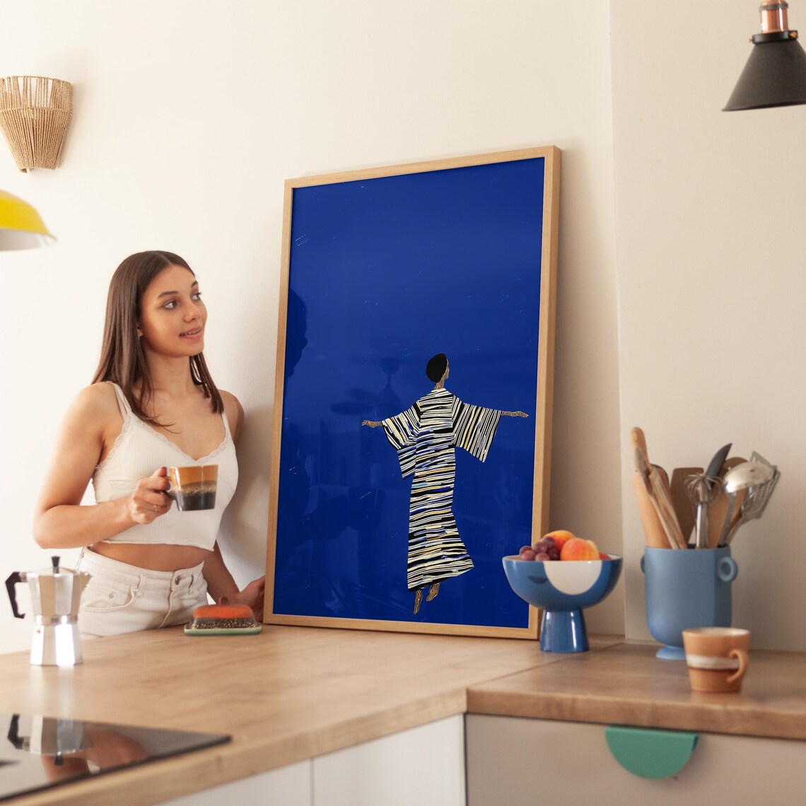 Abstract Woman In Striped Robe Arms Outstretched Deep Blue Modern Poster - Image 4