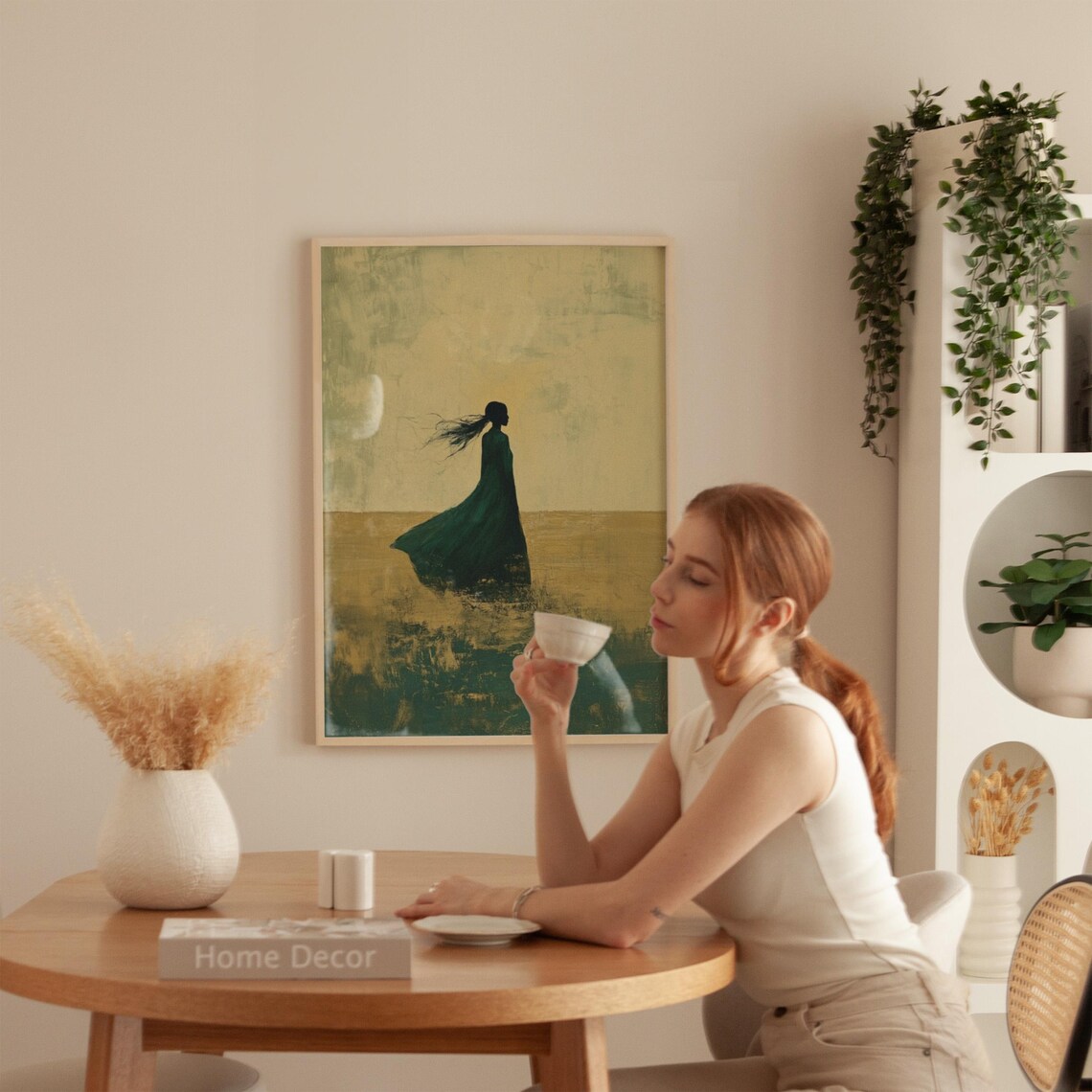 Green Dress Woman Silhouette Wind Minimalist Art Painting Poster - Image 4