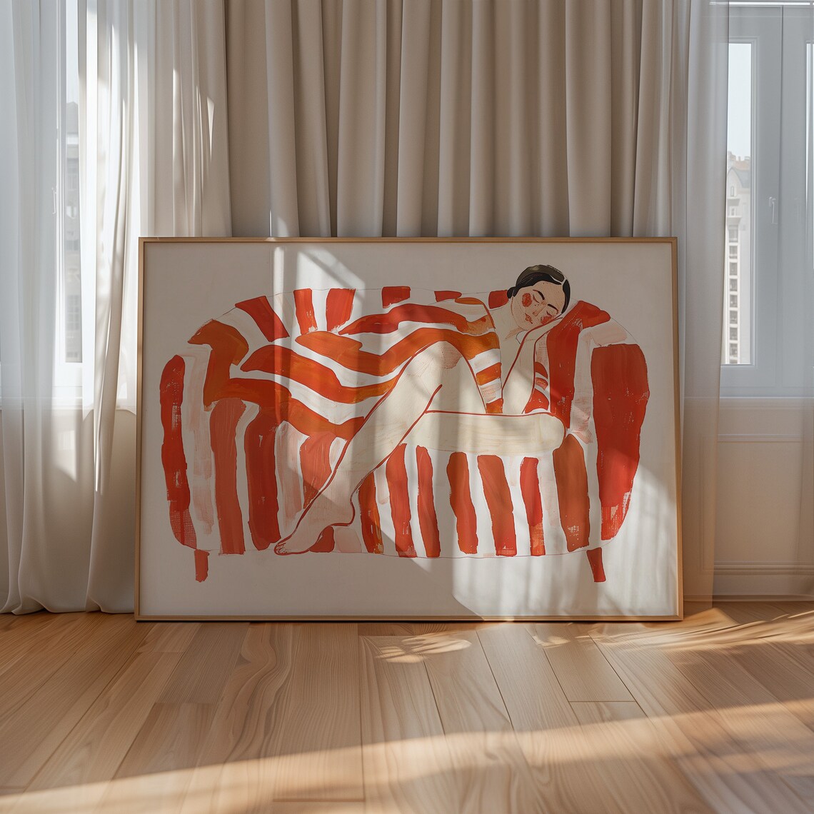 Modern Abstract Woman Relaxing On Striped Couch Art Print - Image 3