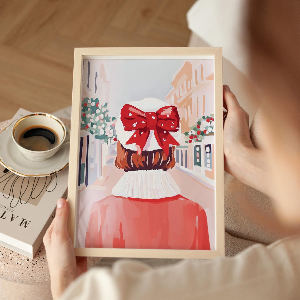 Girl With a Red Bow Walking Down a Festive Holiday Street Poster