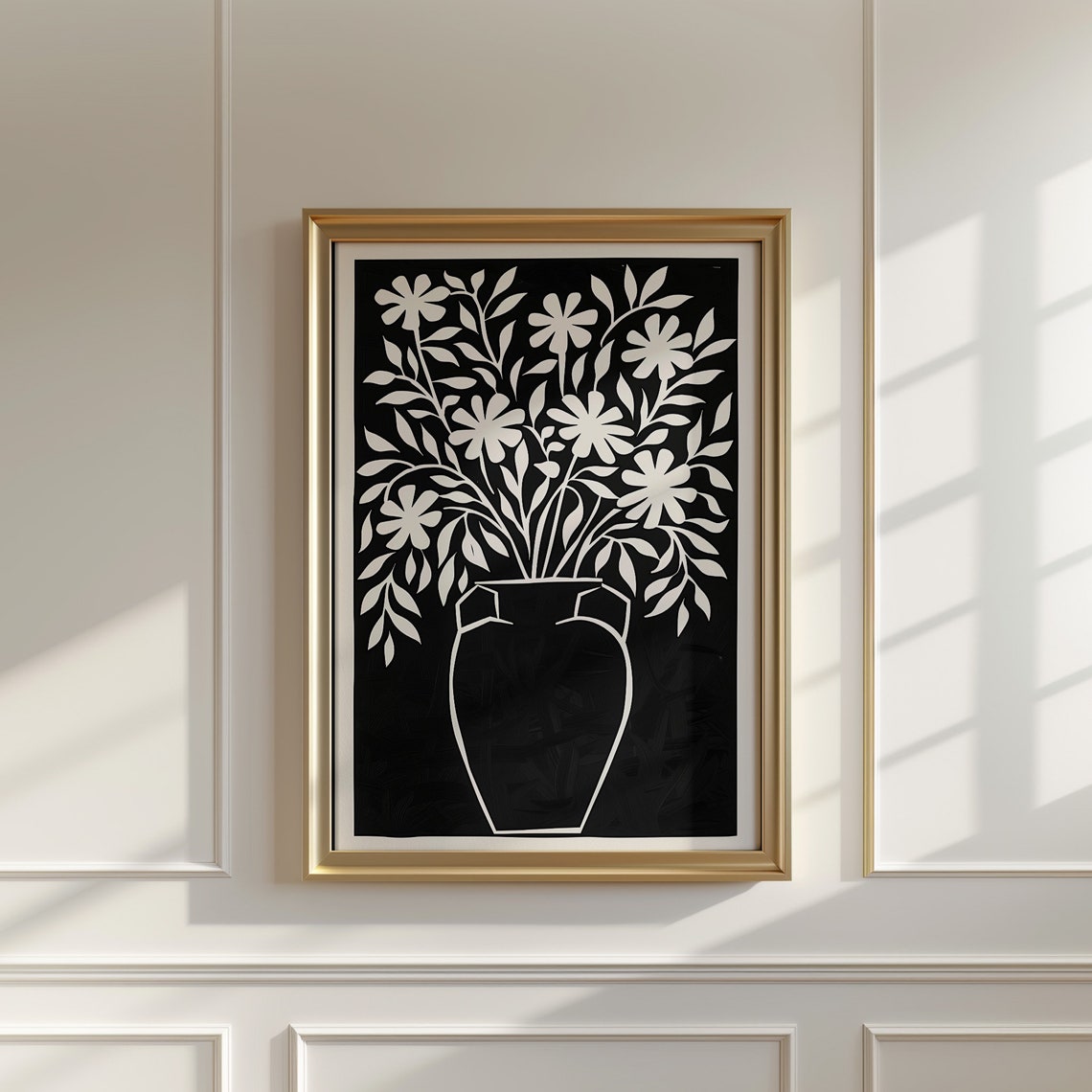 White Flower Vase Silhouette On Black Background Minimalist Wall Art