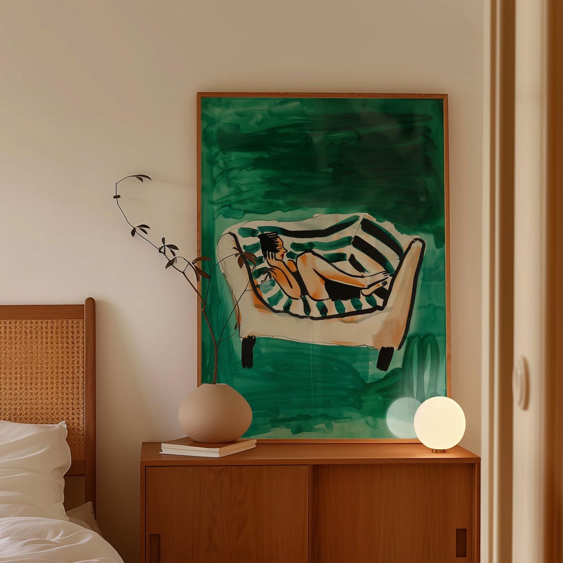 Woman Lounging on Striped Sofa Green Modern Relaxation Poster - Image 2