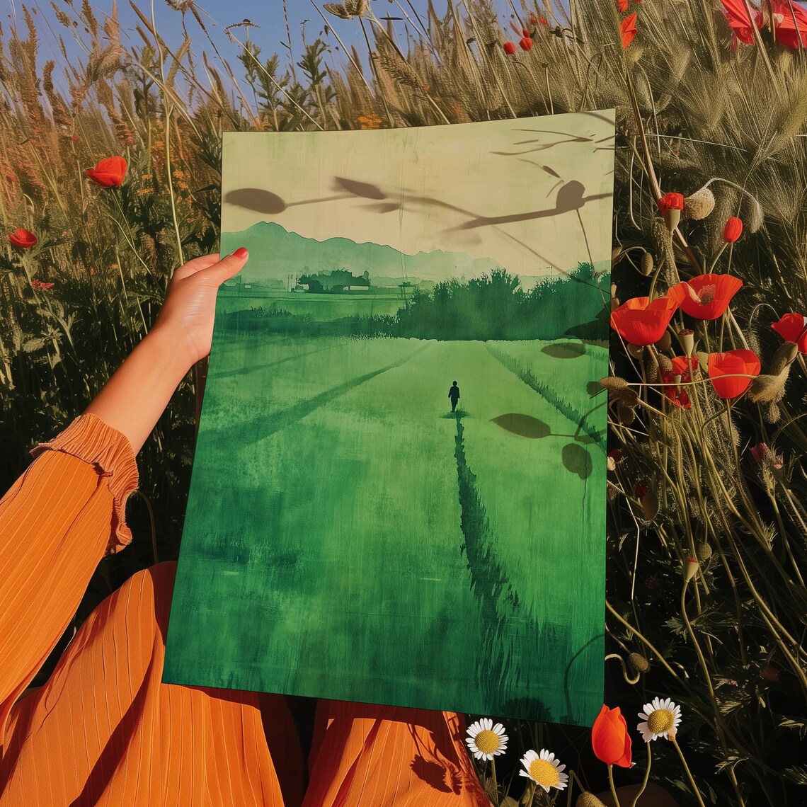 Minimalist Green Field, Lone Figure Meadow Landscape - Image 3