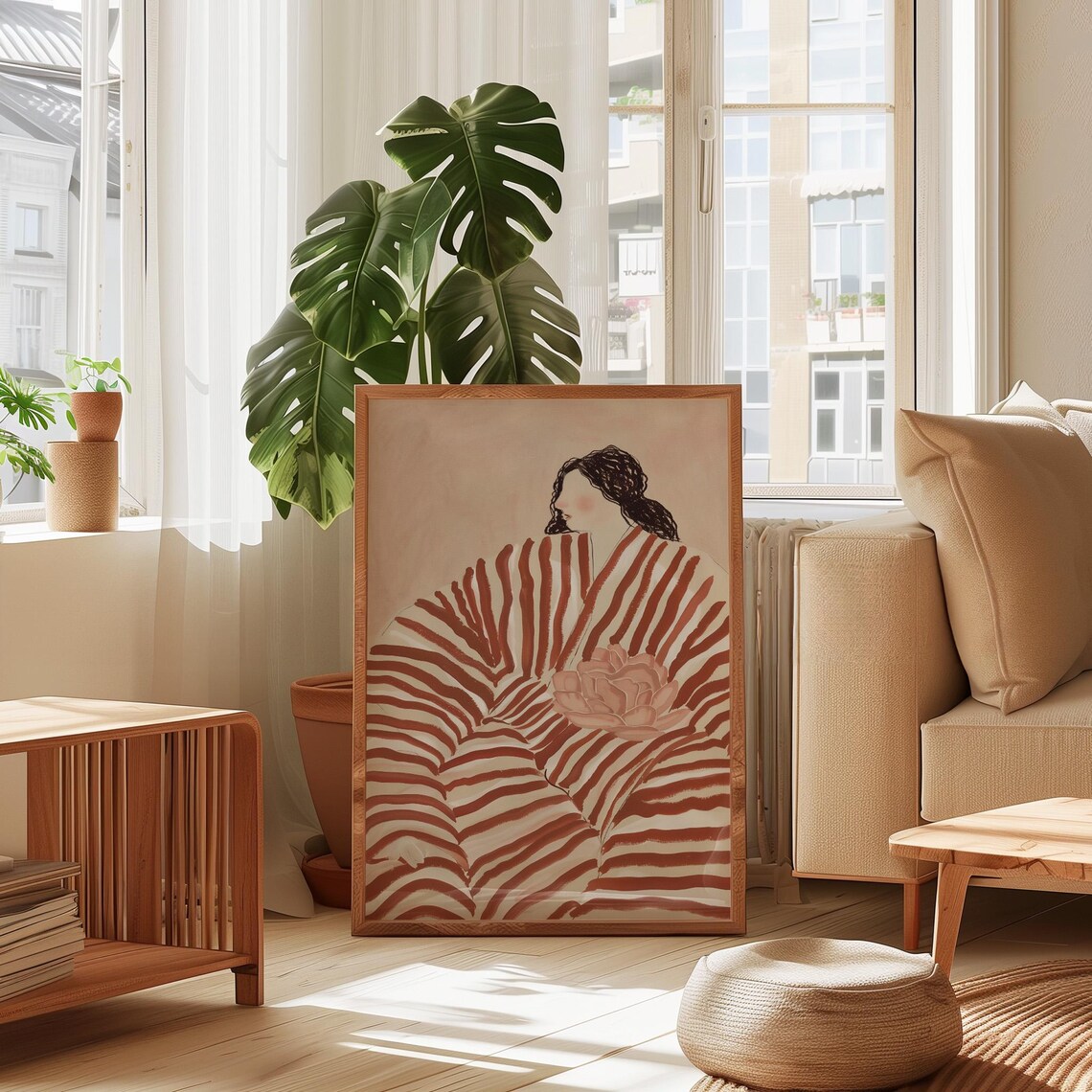 Woman in Rust Striped Dress Holding Pink Peony Floral Art Poster - Image 2