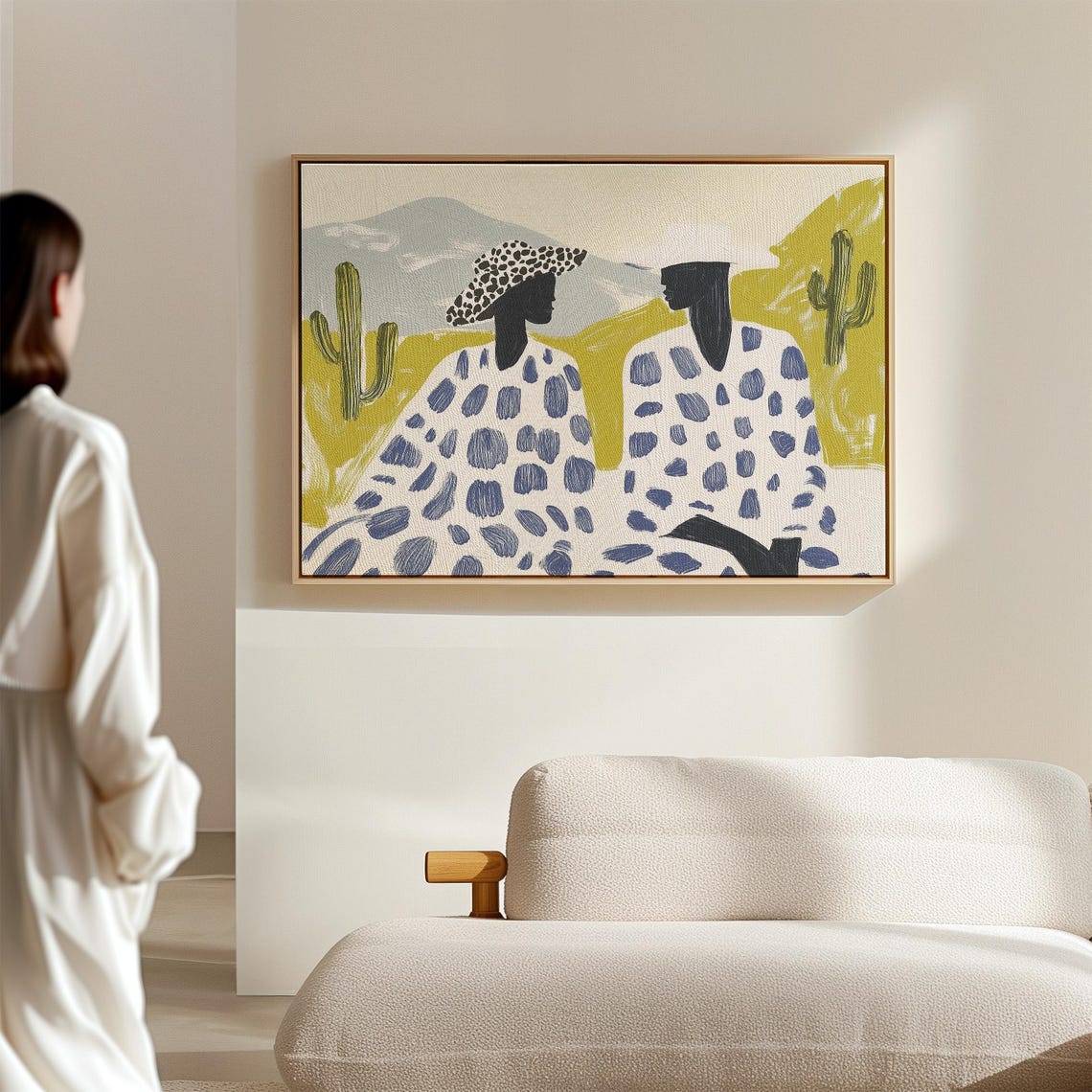 Desert Couple in Blue Spotted Ponchos Among Cacti Southwest Poster