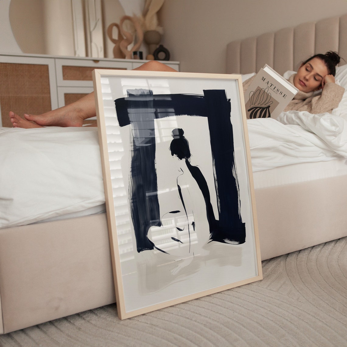 Woman Seated Archway Black White Ink Drawing Abstract Figure Poster - Image 2