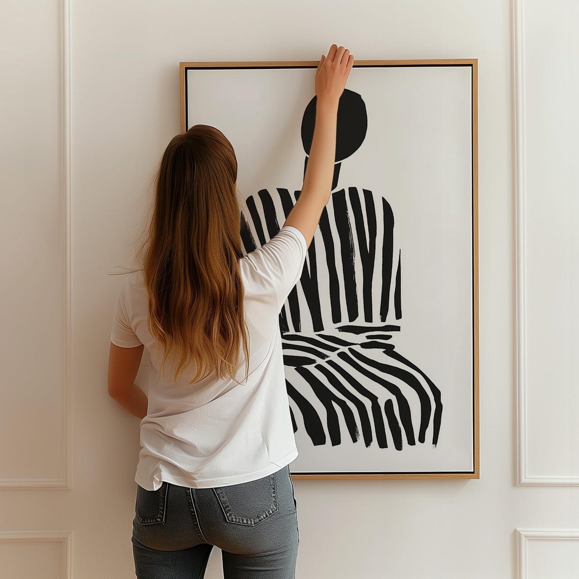 Minimalist Seated Woman In Striped Dress Abstract Art Poster - Image 2