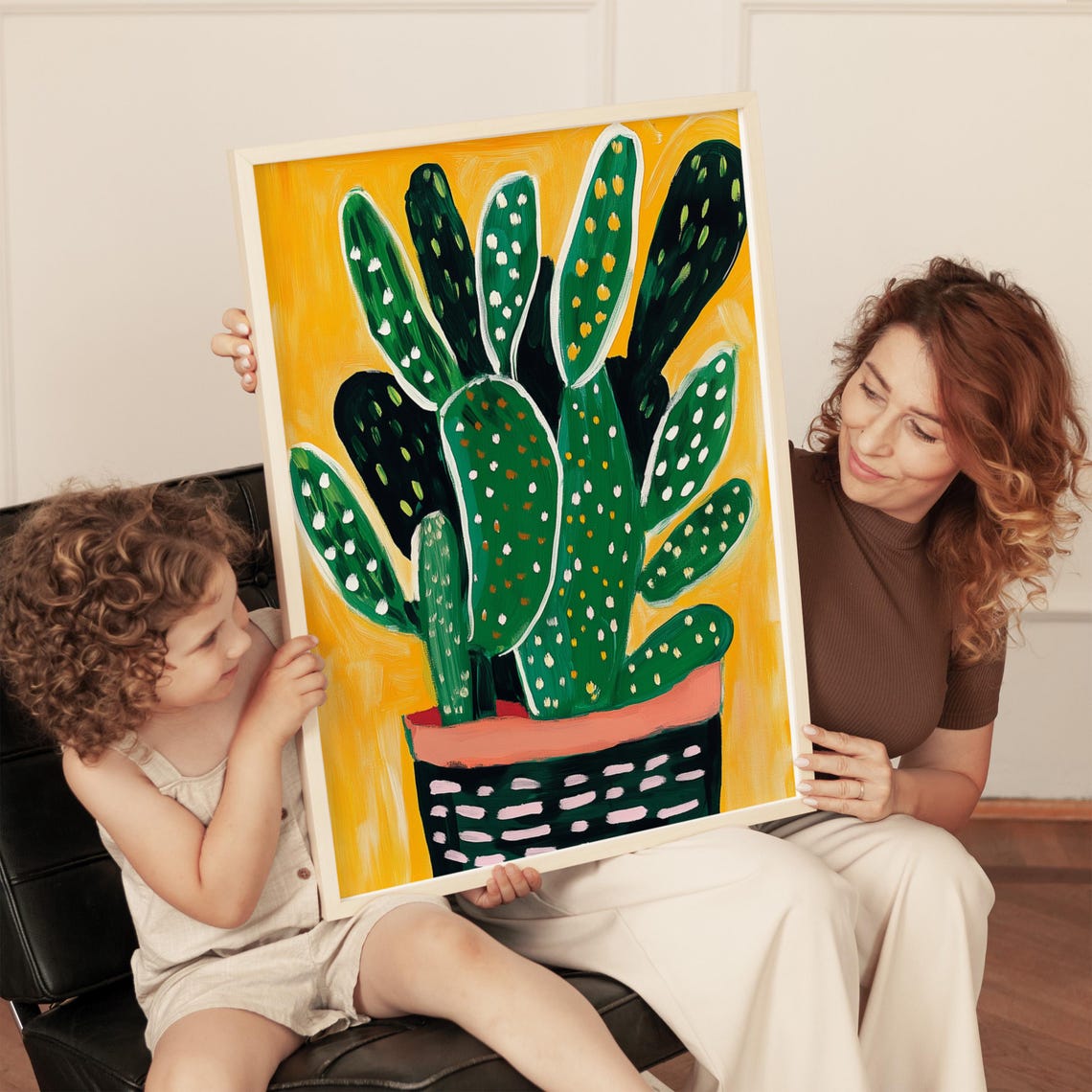 Colorful Prickly Pear Cactus in a Patterned Pot on Yellow Poster