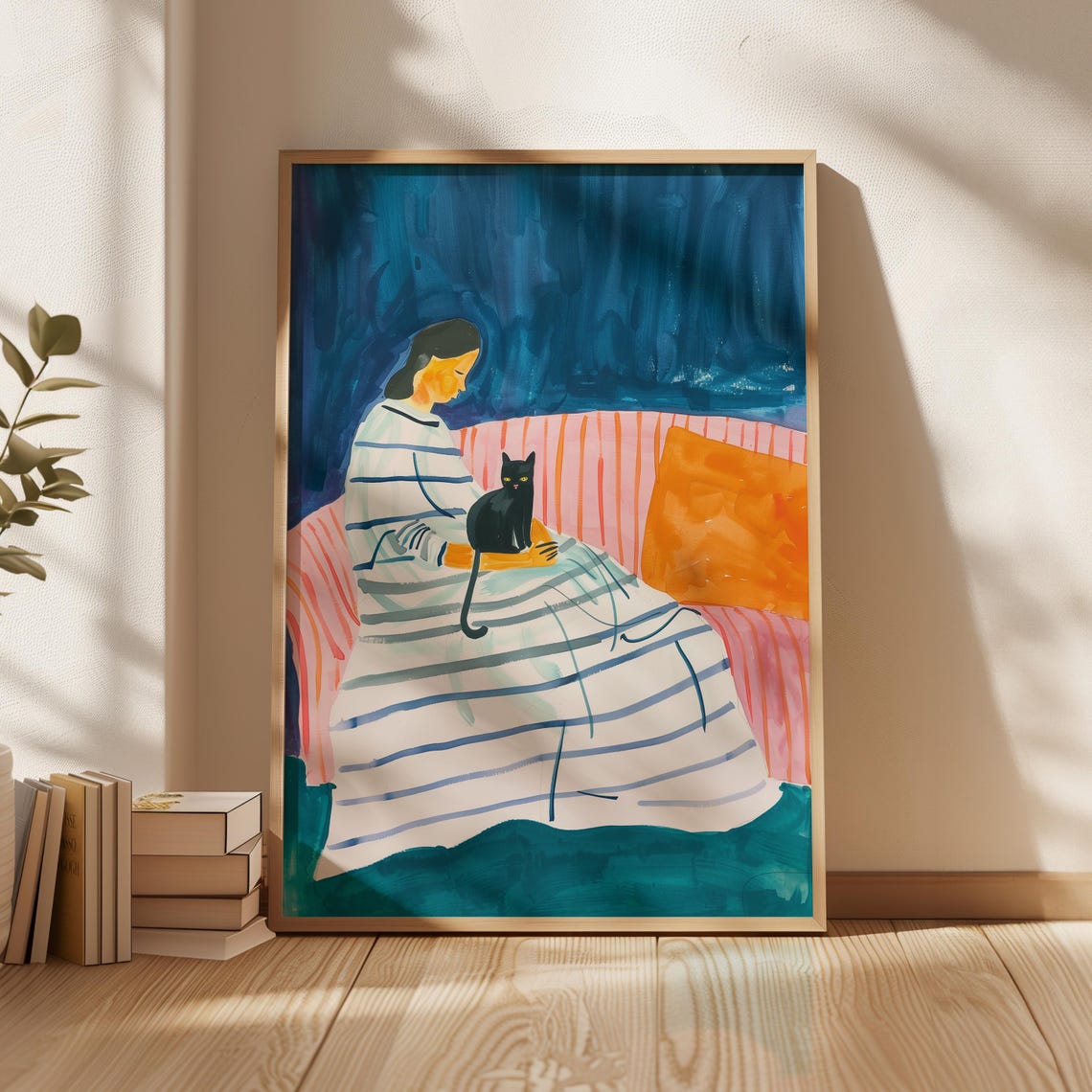 Woman With Black Cat On Pink Sofa Colorful Painting Wall Art
