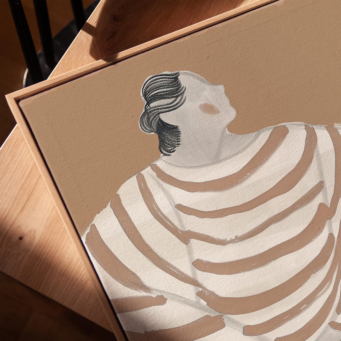 Striped Dress Figure Back View Beige Abstract Modern Portrait Poster - Image 4