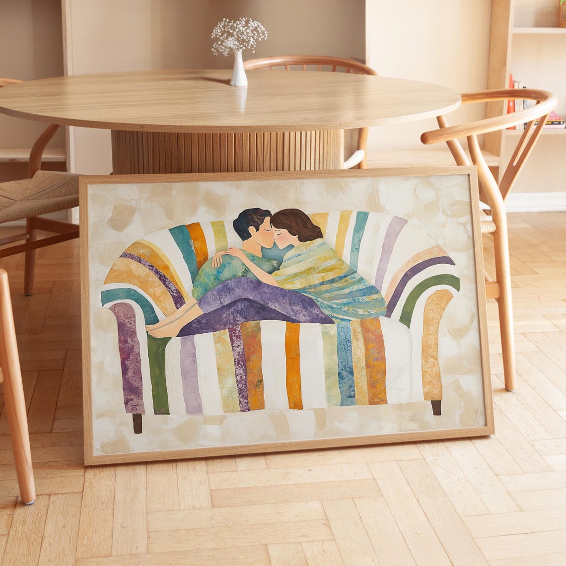 Embracing Couple on Rainbow Striped Couch Watercolor Love Poster