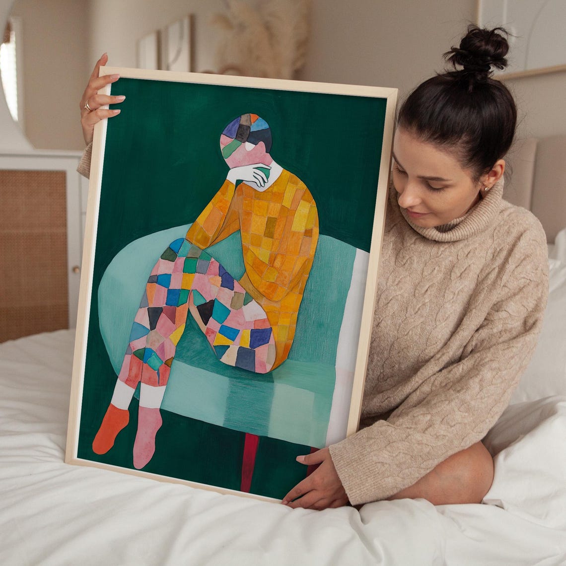 Colorful Mosaic Figure Art Print Abstract Seated Figure Illustration Geometric Contemplative Painting Vibrant Modern Wall Decor - Image 3