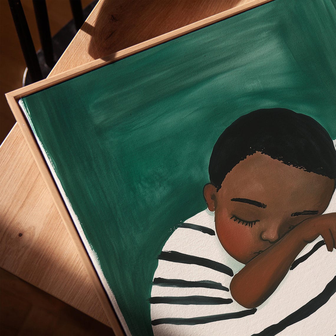 Sleeping Child On Striped Pillow Emerald Green Painting Wall Art - Image 3
