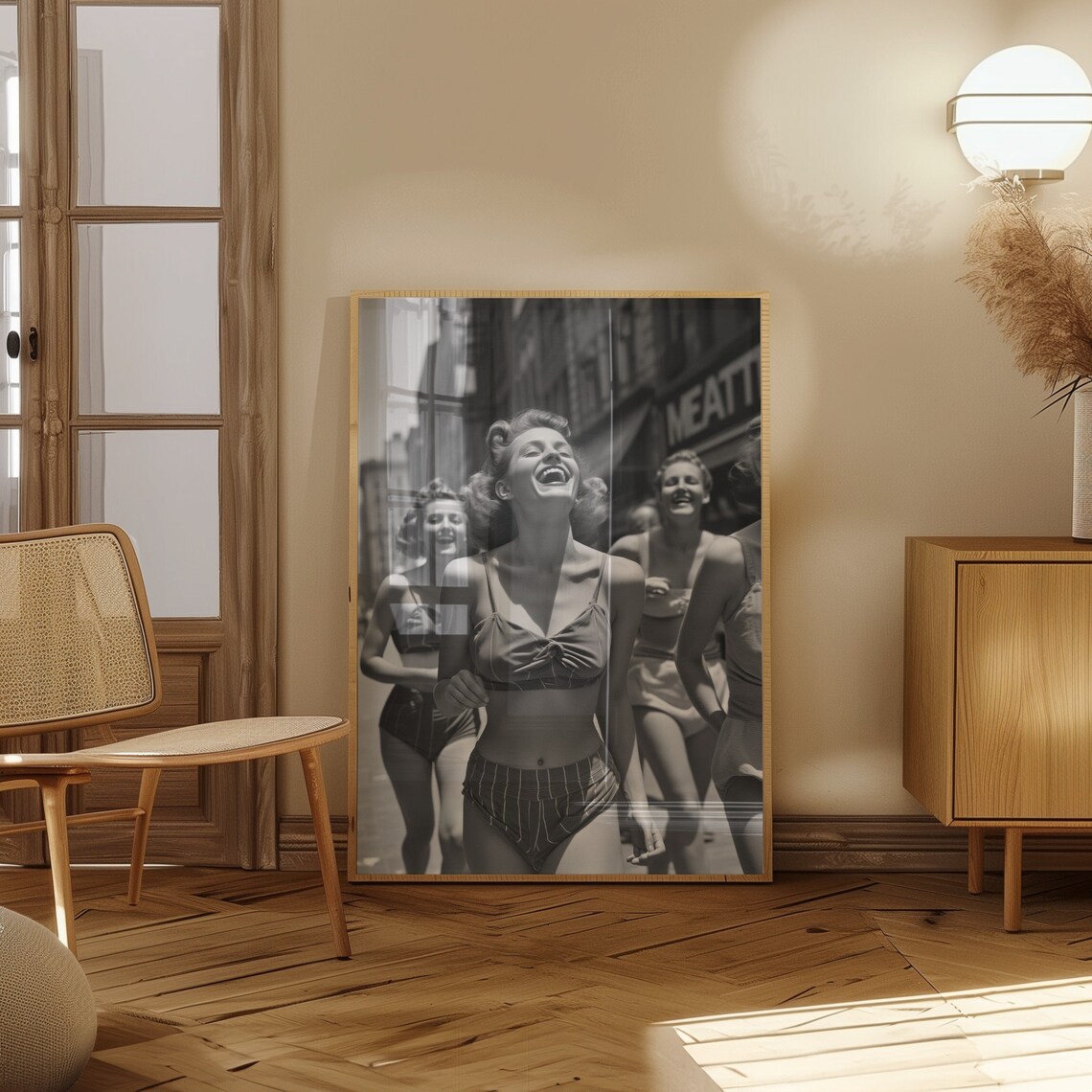 Vintage Style Laughing Women in Swimwear Black and White Street Photo Poster - Image 2