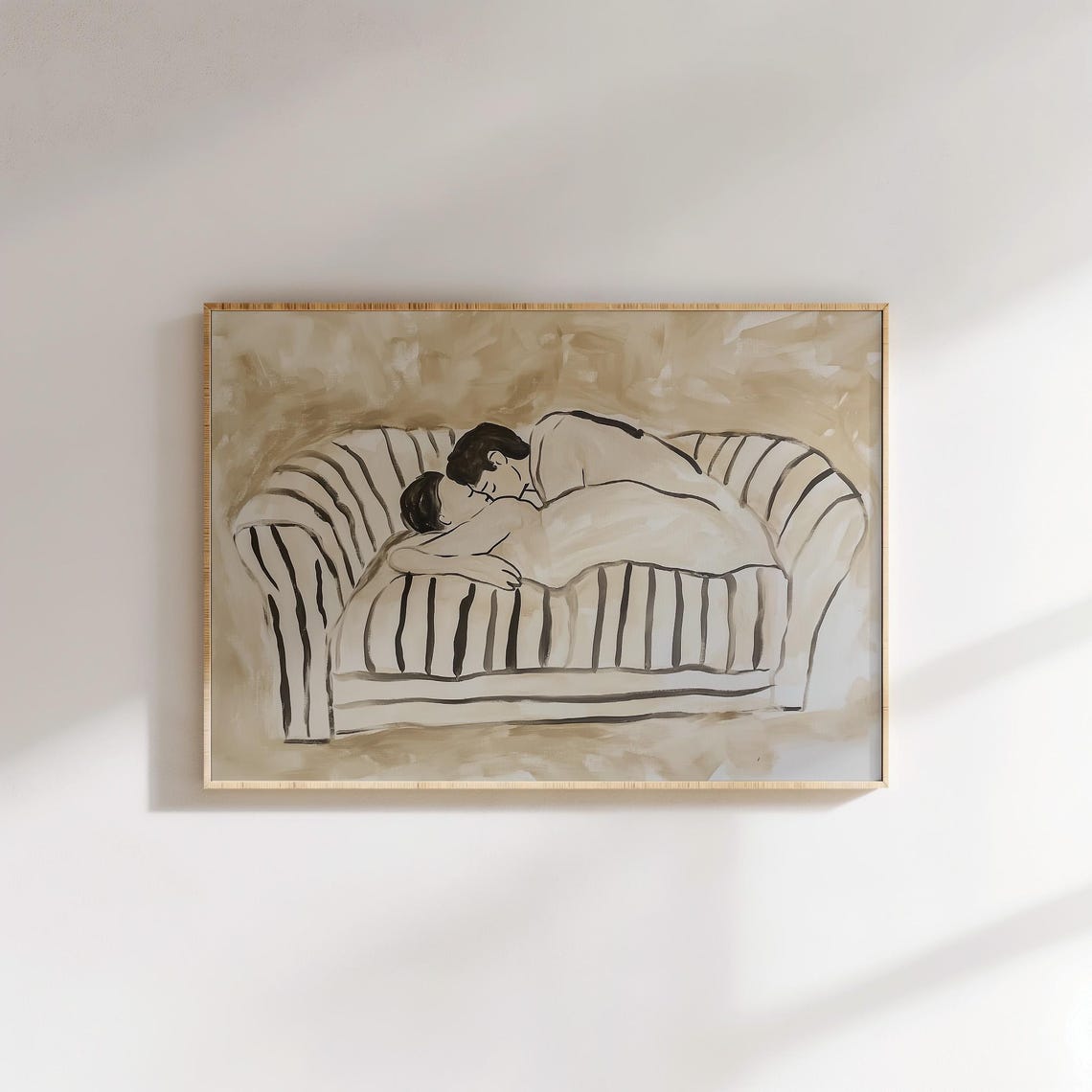 Couple Embracing on Striped Sofa Minimalist Ink Sketch Poster - Image 2