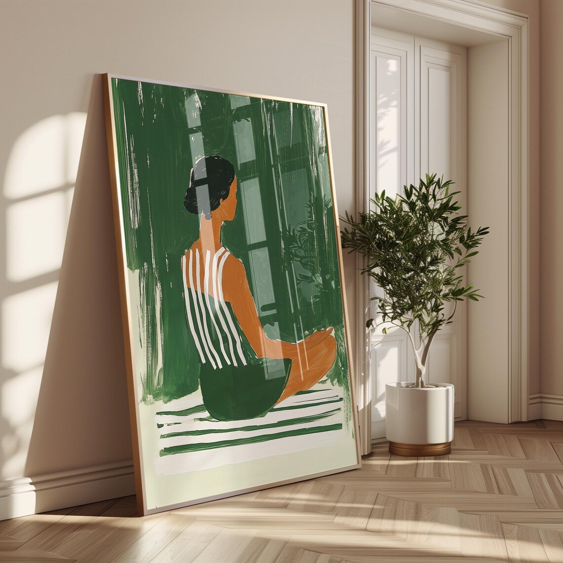 Green Minimalist Yoga Print, Meditating Woman - Image 2