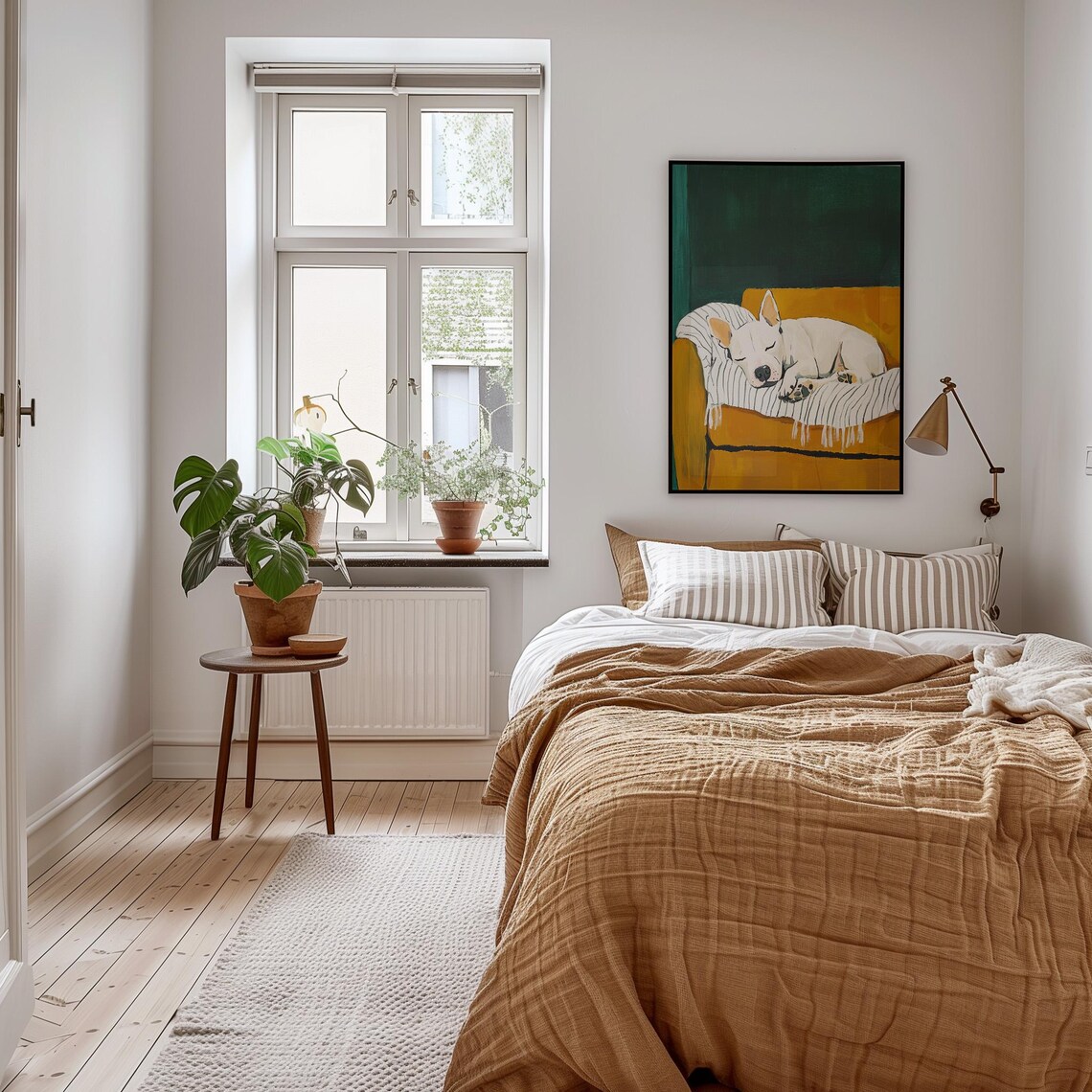 White Bulldog Sleeping On Couch Mustard Cozy Pet Painting Poster - Image 2