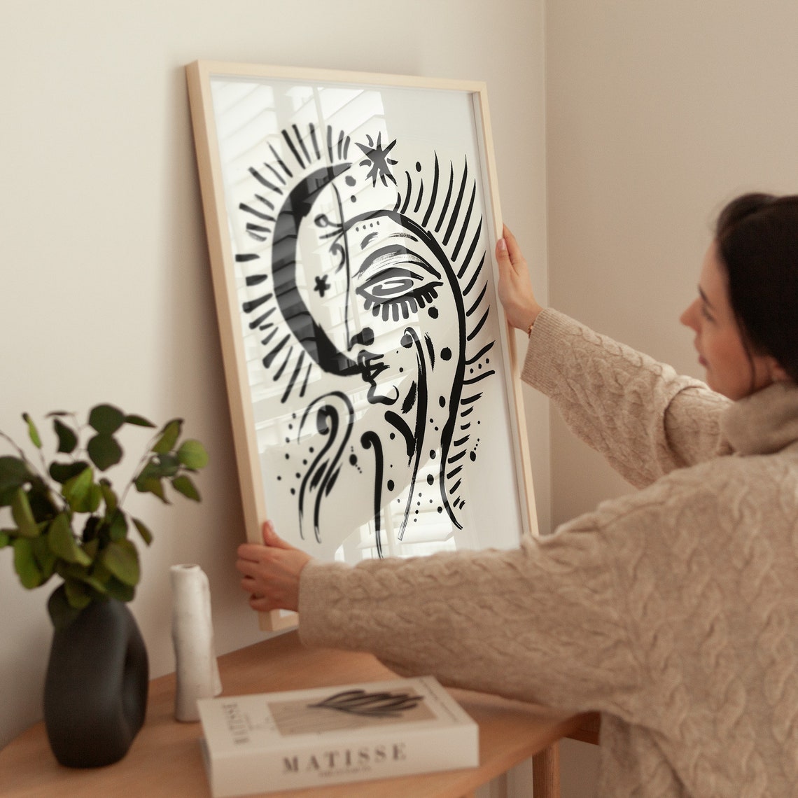 Abstract Sun And Moon Celestial Face Line Drawing In Black Ink Print - Image 3