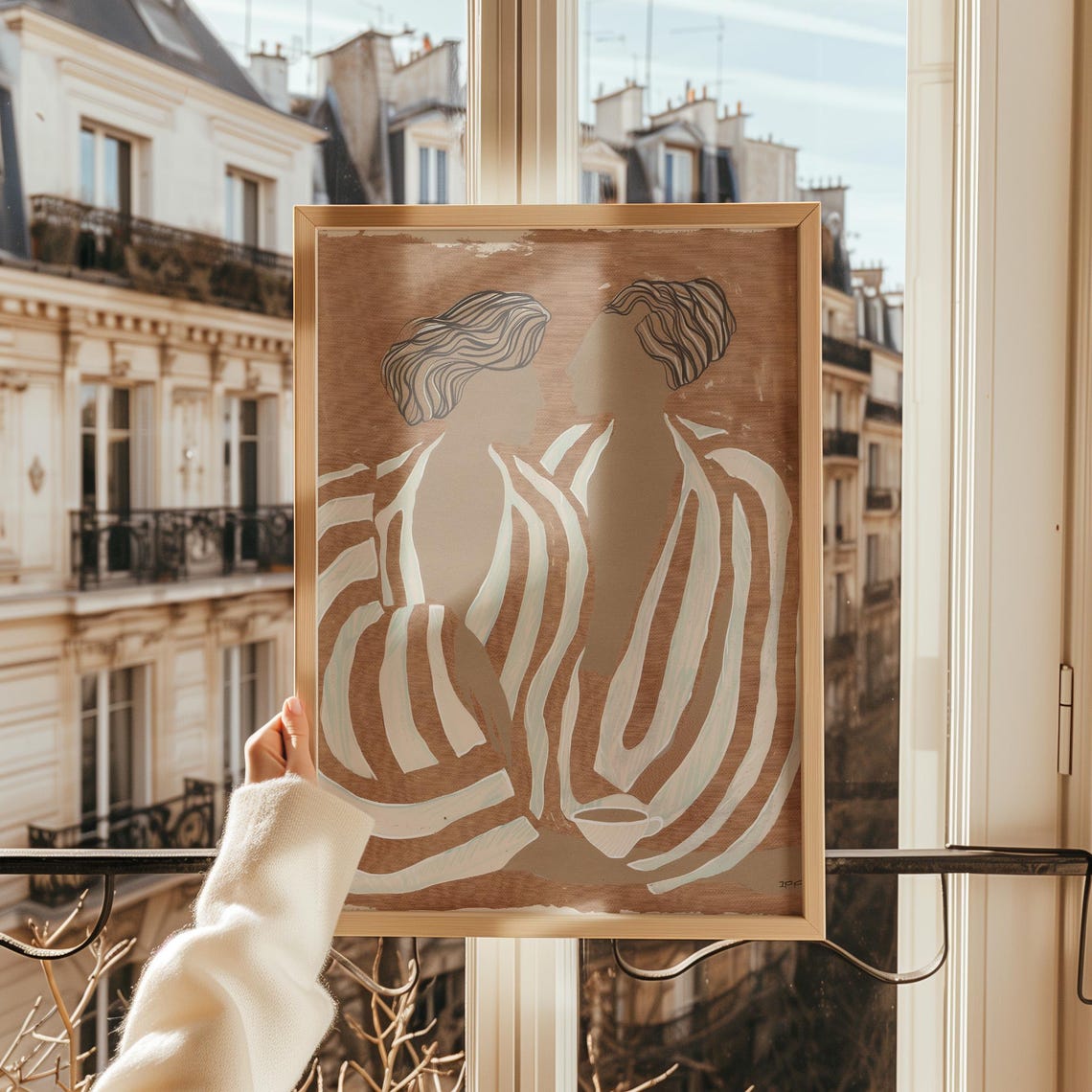 Abstract Two Women Line Art in Warm Neutral Tones Minimalist Poster - Image 2