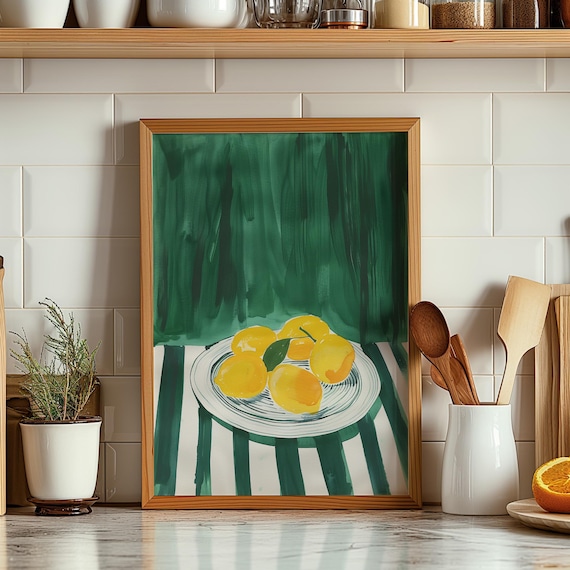 Abstract Lemons Large Wall Art Contemporary Art Minimalist Print Kitchen Dark Green Wall Decor Stripe Lemon