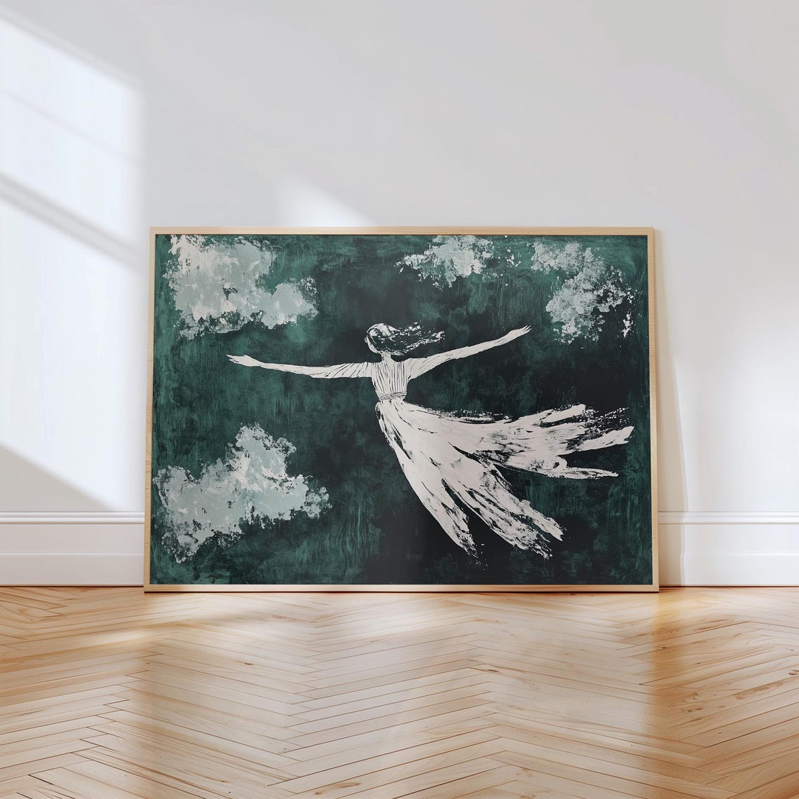Flying Woman White Dress Clouds Dark Emerald Sky Abstract Poster - Image 2