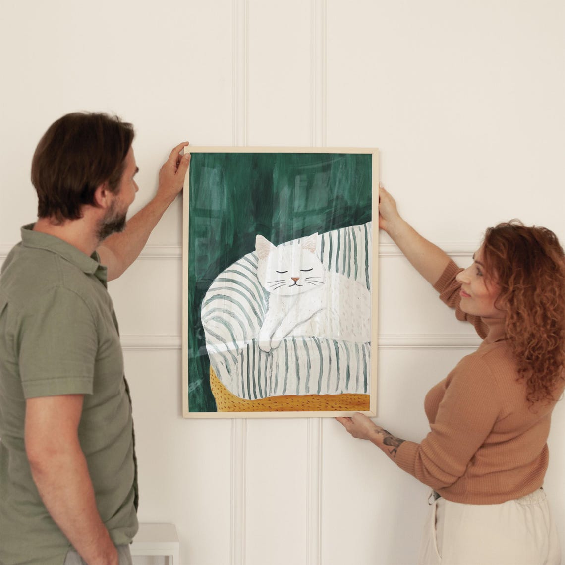 White Cat Sleeping Cozy Striped Chair Green Minimalist Pet Poster - Image 4