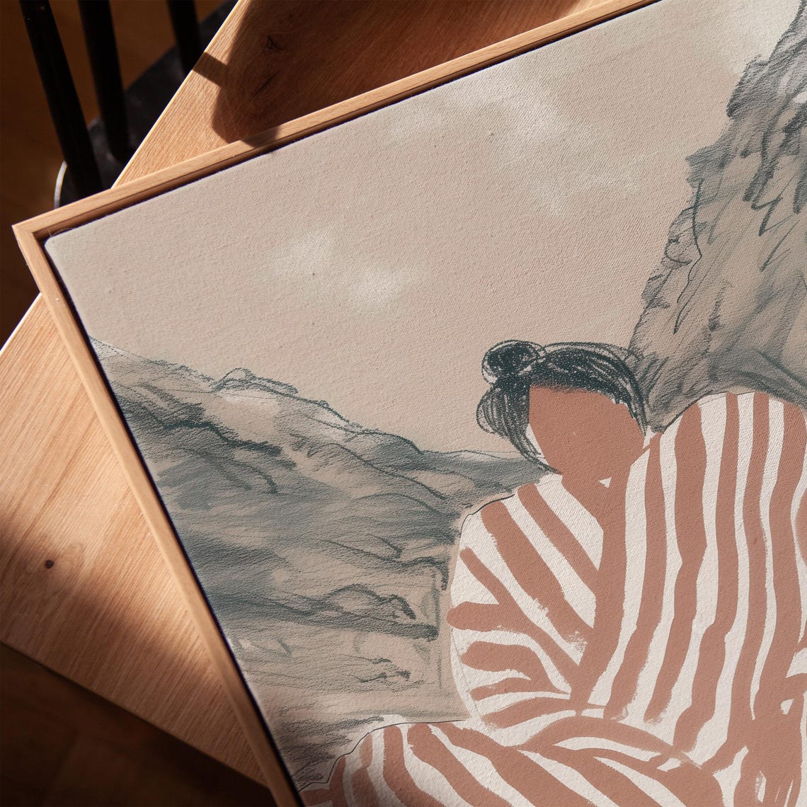Woman Terracotta Striped Dress Mountain Landscape Contemplative Poster - Image 4