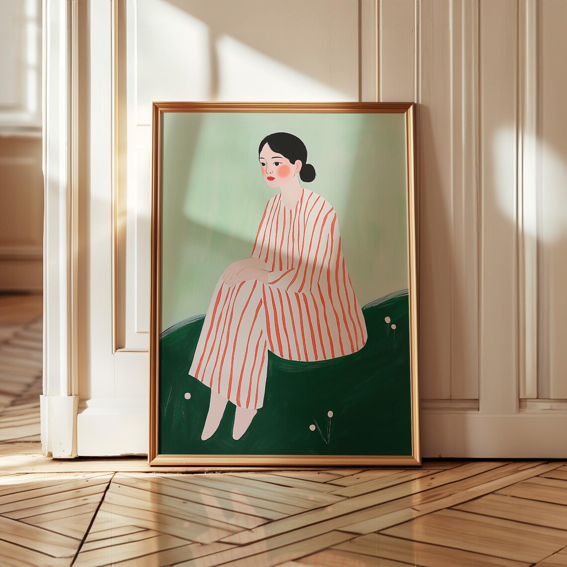 Minimalist Woman Portrait Red Striped Dress Mint Green Figure Art Poster