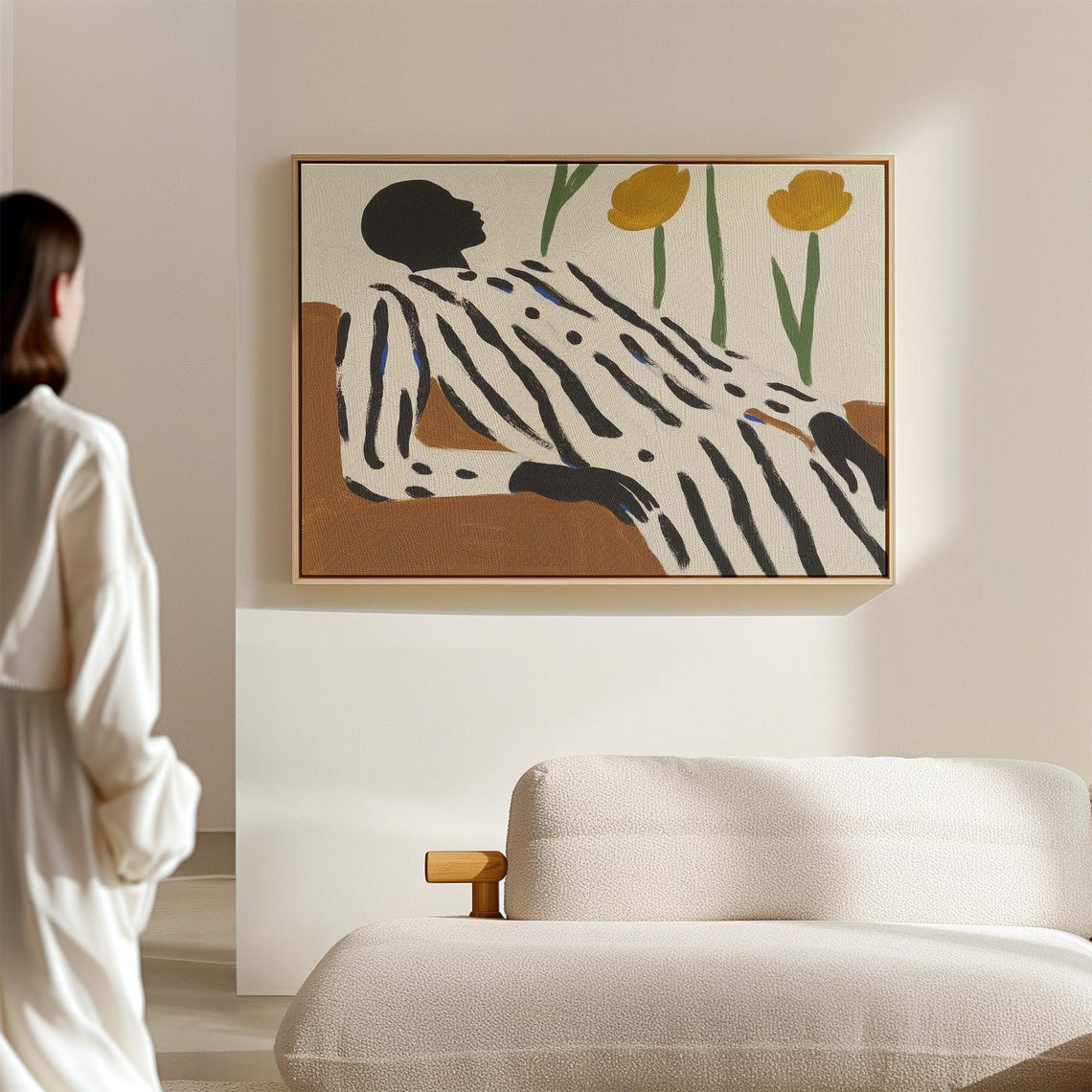 Reclining Figure in Striped Dress with Yellow Tulips Behind Poster - Image 2