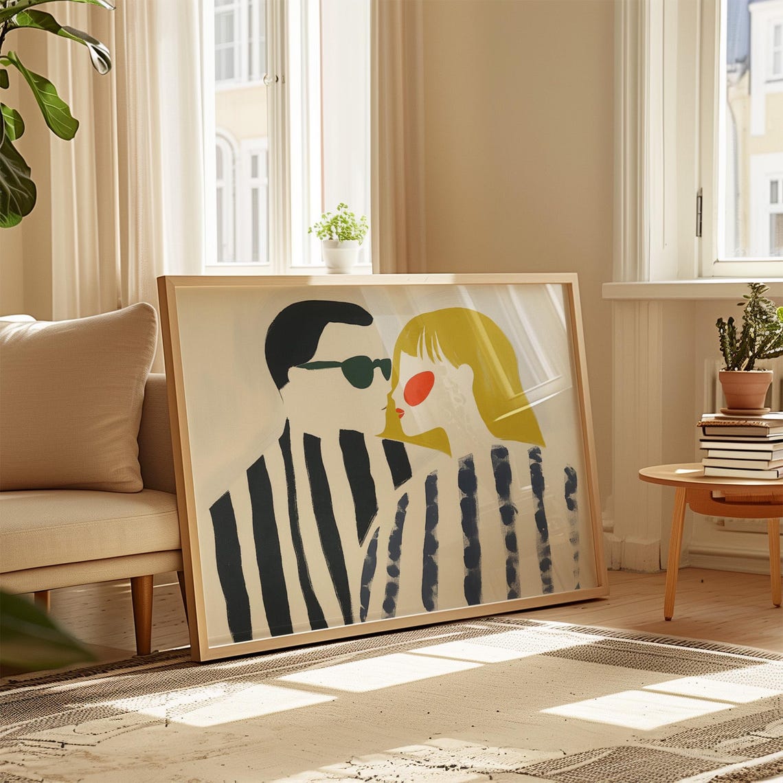 Couple Leaning Together in Striped Shirts Affectionate Poster - Image 2
