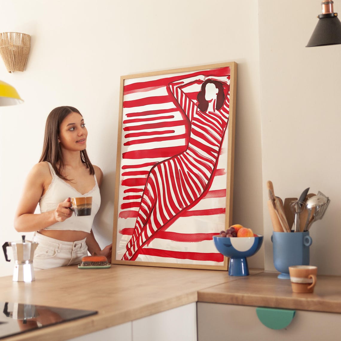 Red Striped Woman Dancing Arms Raised Joyful Movement Poster - Image 4