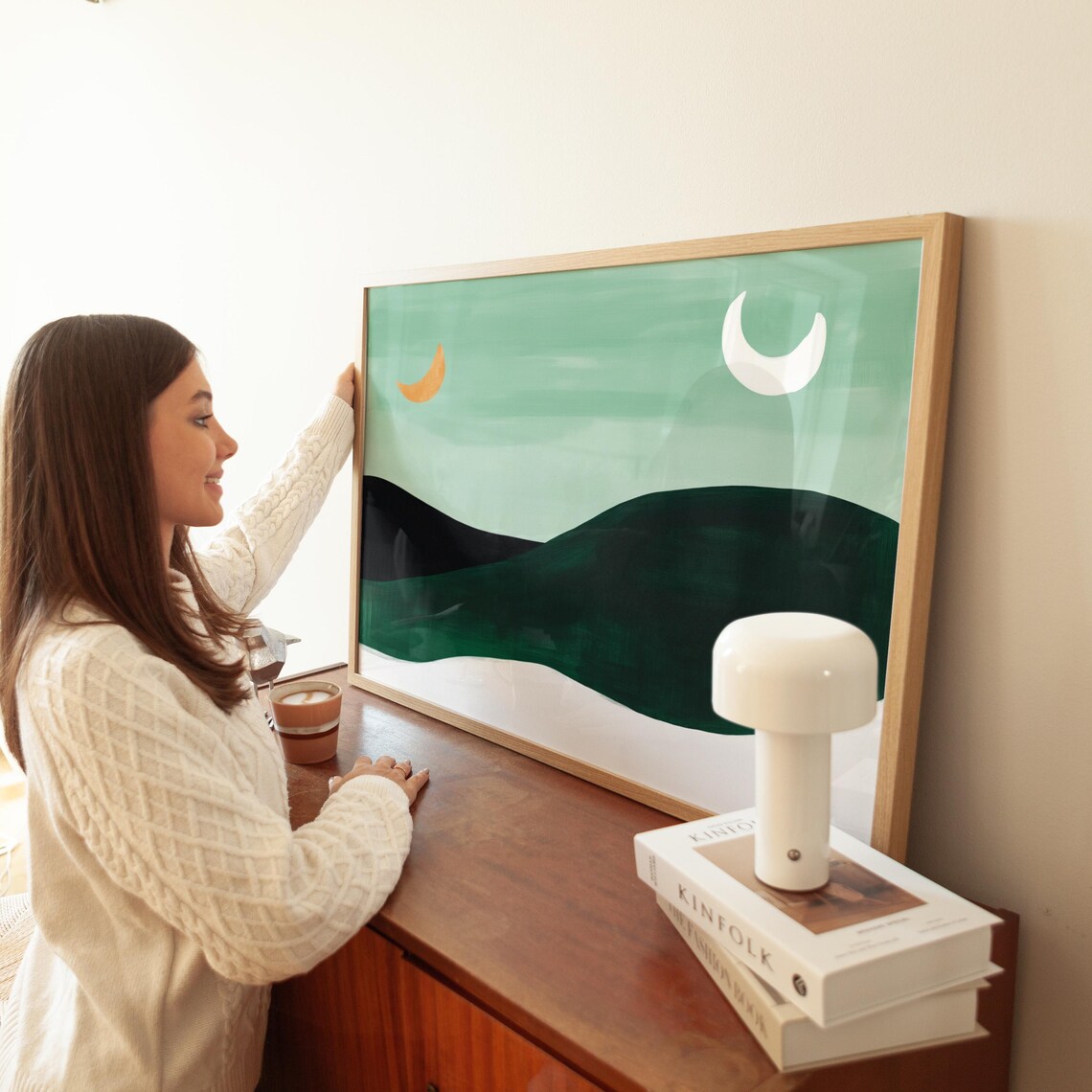 Minimalist Twin Crescent Moons Over Green Hills - Image 5