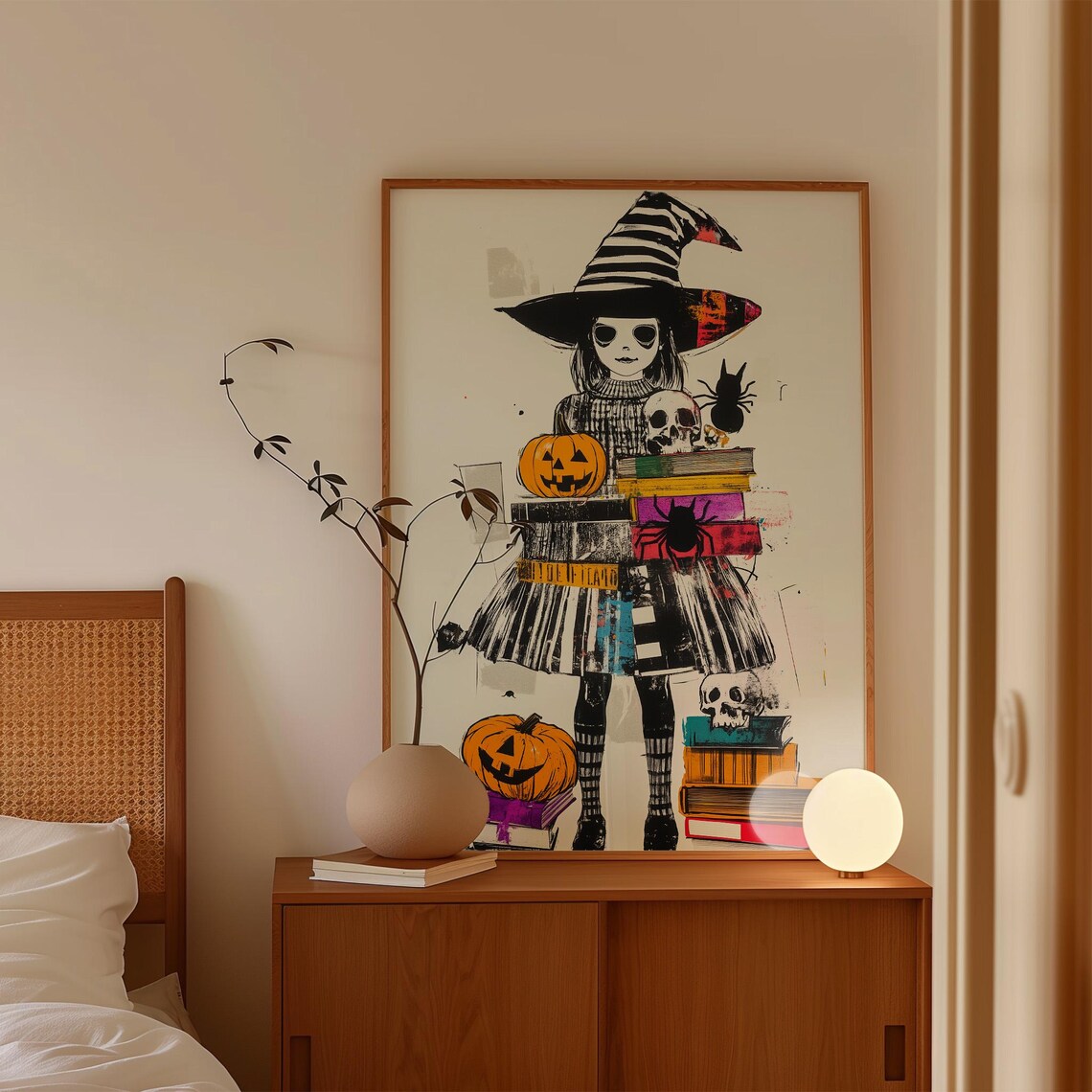 Whimsical Striped Hat Witch Girl Holding Colorful Books Halloween Poster - Image 4