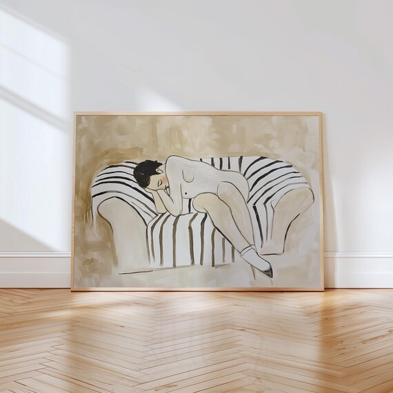 Woman Resting on Striped Sofa Beige Neutral Modern Art Poster