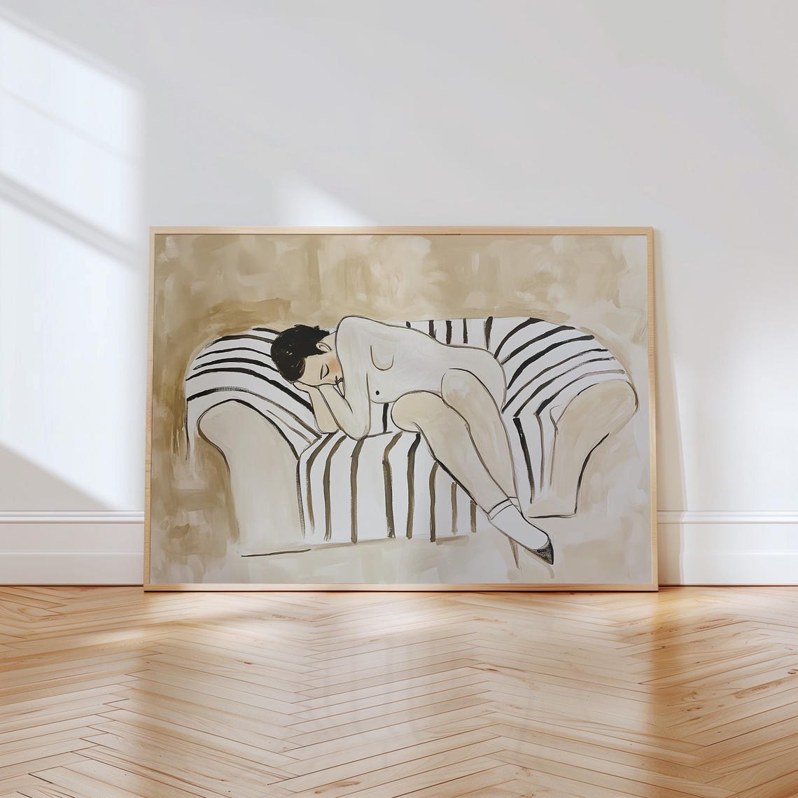 Woman Resting on Striped Sofa Beige Neutral Modern Art Poster