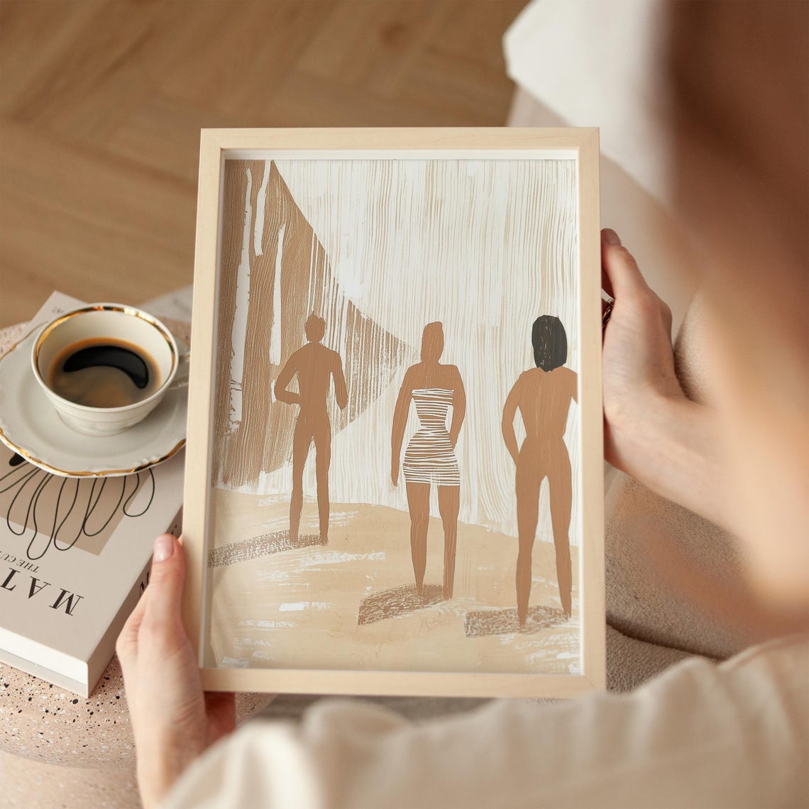 Three Women Watching Waterfall Neutral Minimalist Figure Art Poster - Image 2
