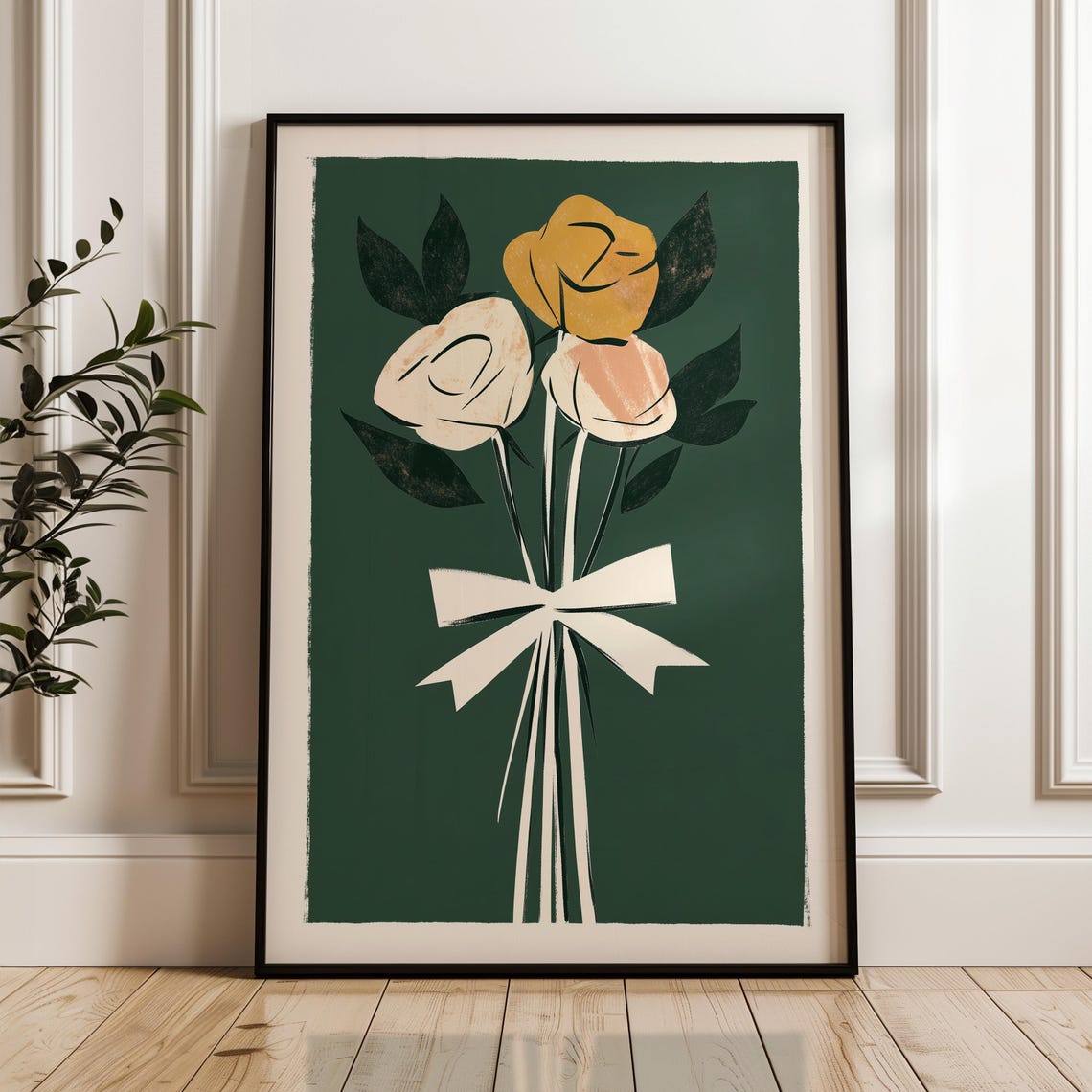 Abstract Rose Bouquet With Cream Bow On Emerald Green Art Poster