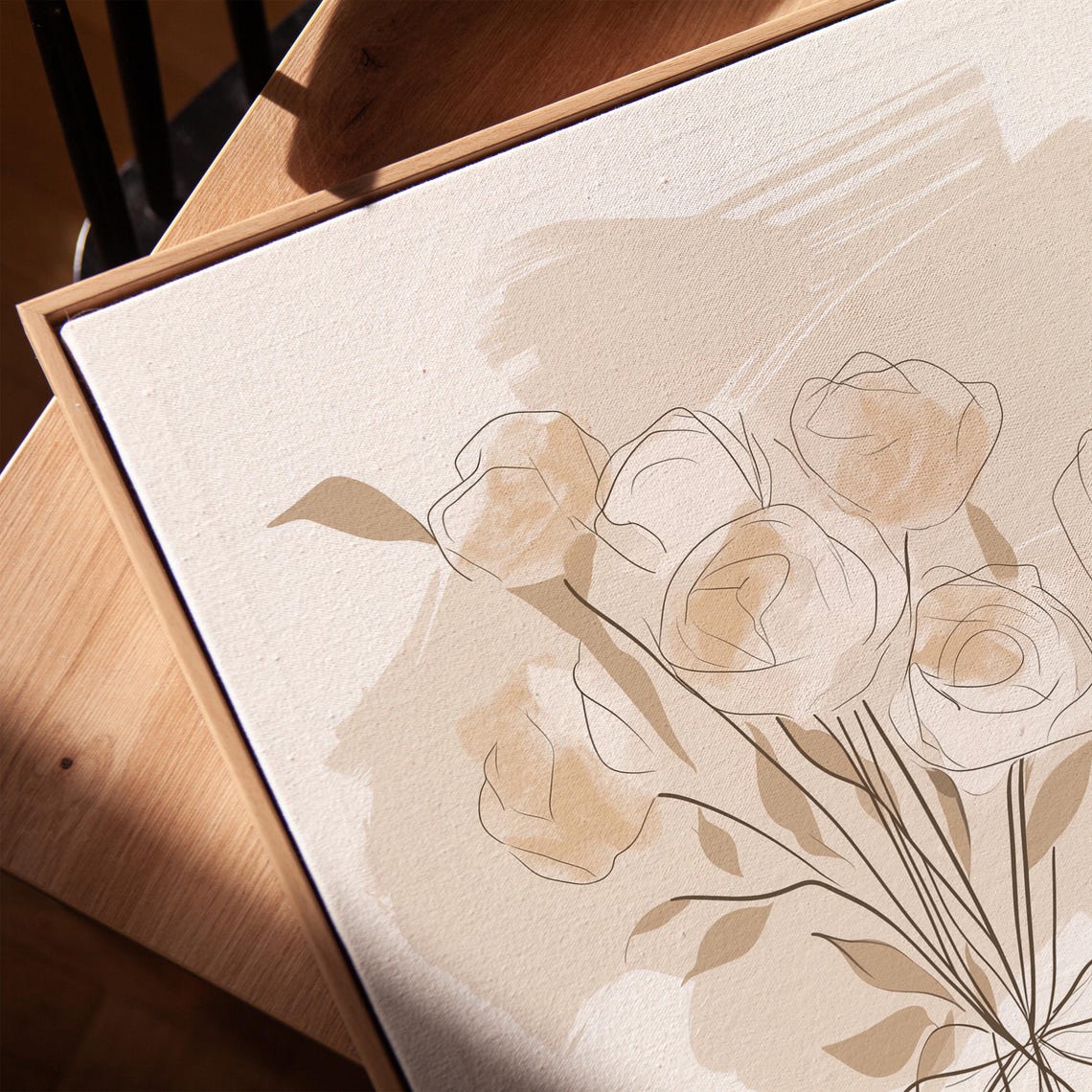 Beige Rose Bouquet Line Drawing With Bow Neutral Floral Wall Art - Image 4