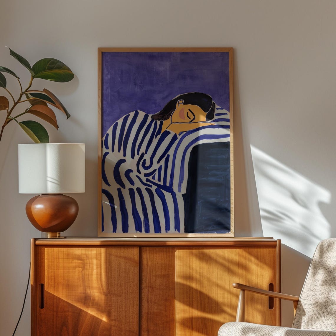 Sleeping Woman Abstract Purple Background Blue Striped Figure Poster - Image 2