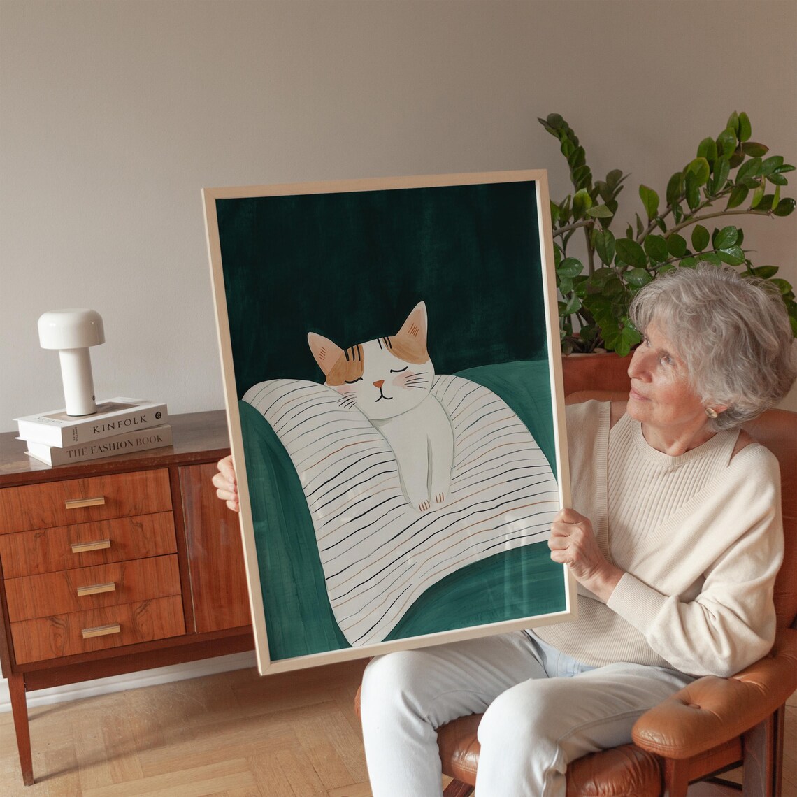 Sleeping Cat Curled Up On Striped Cushion Illustration Poster - Image 4