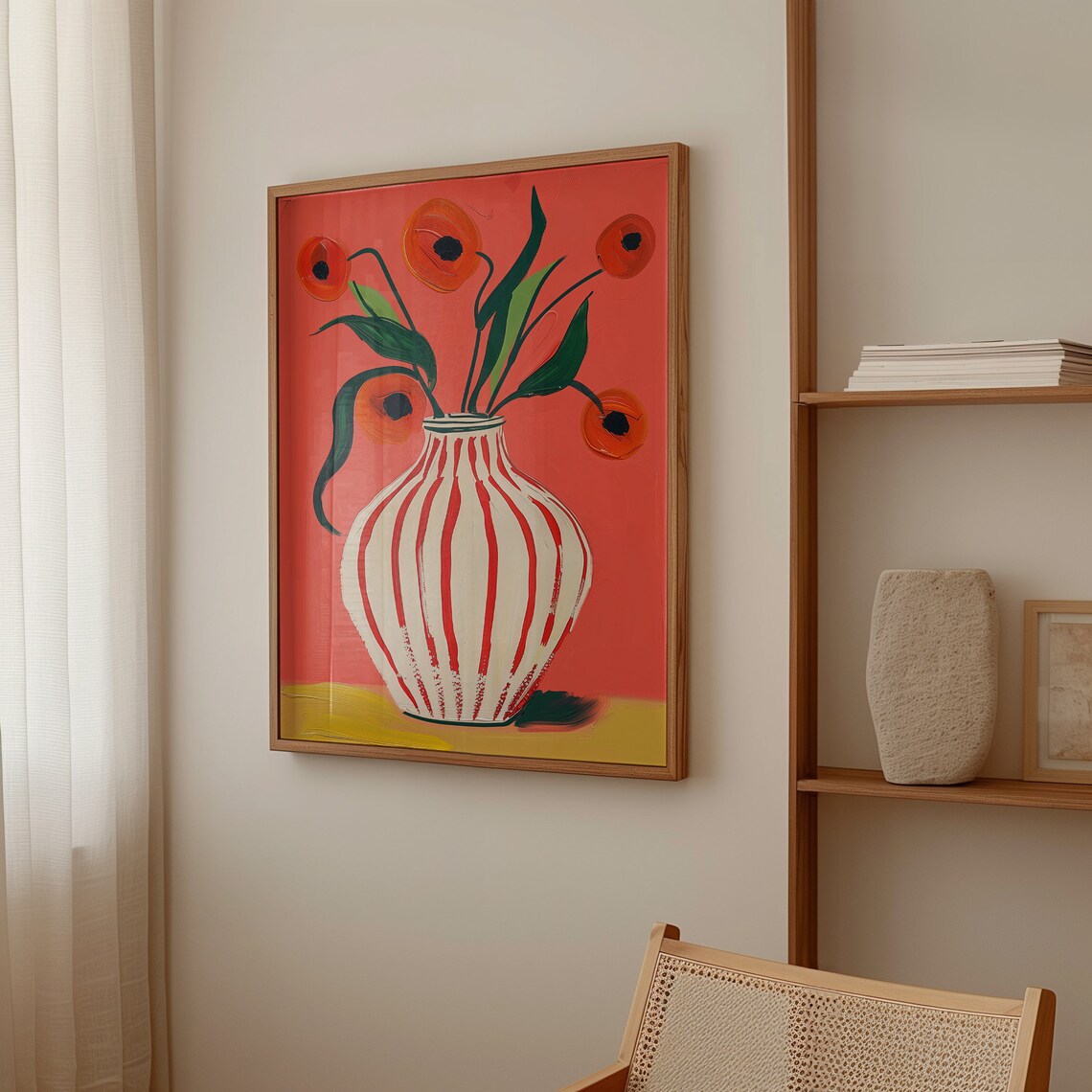 Red Poppy Vase Striped Botanical Coral Background Modern Poster - Image 3