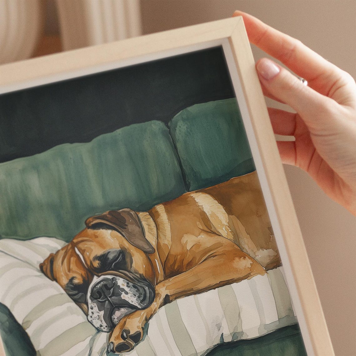 Boxer Dog Sleeping On Striped Pillow Green Couch Watercolor Poster - Image 3