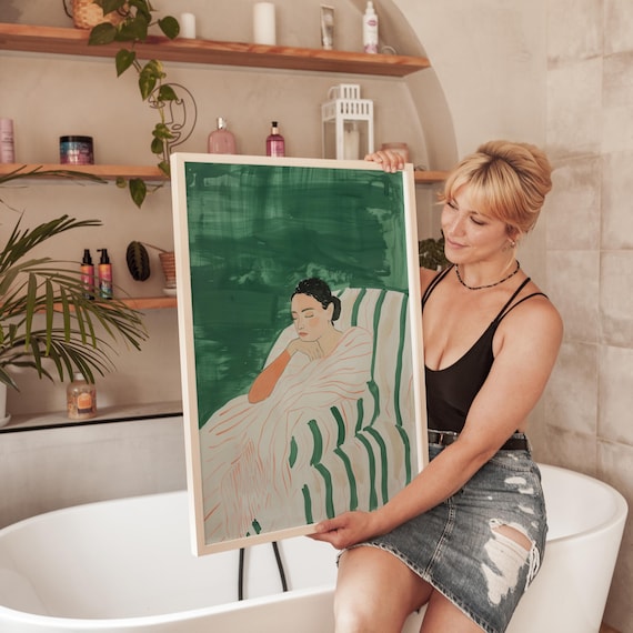 Reclining Woman In Striped Robe Emerald Green Minimalist Painting Poster