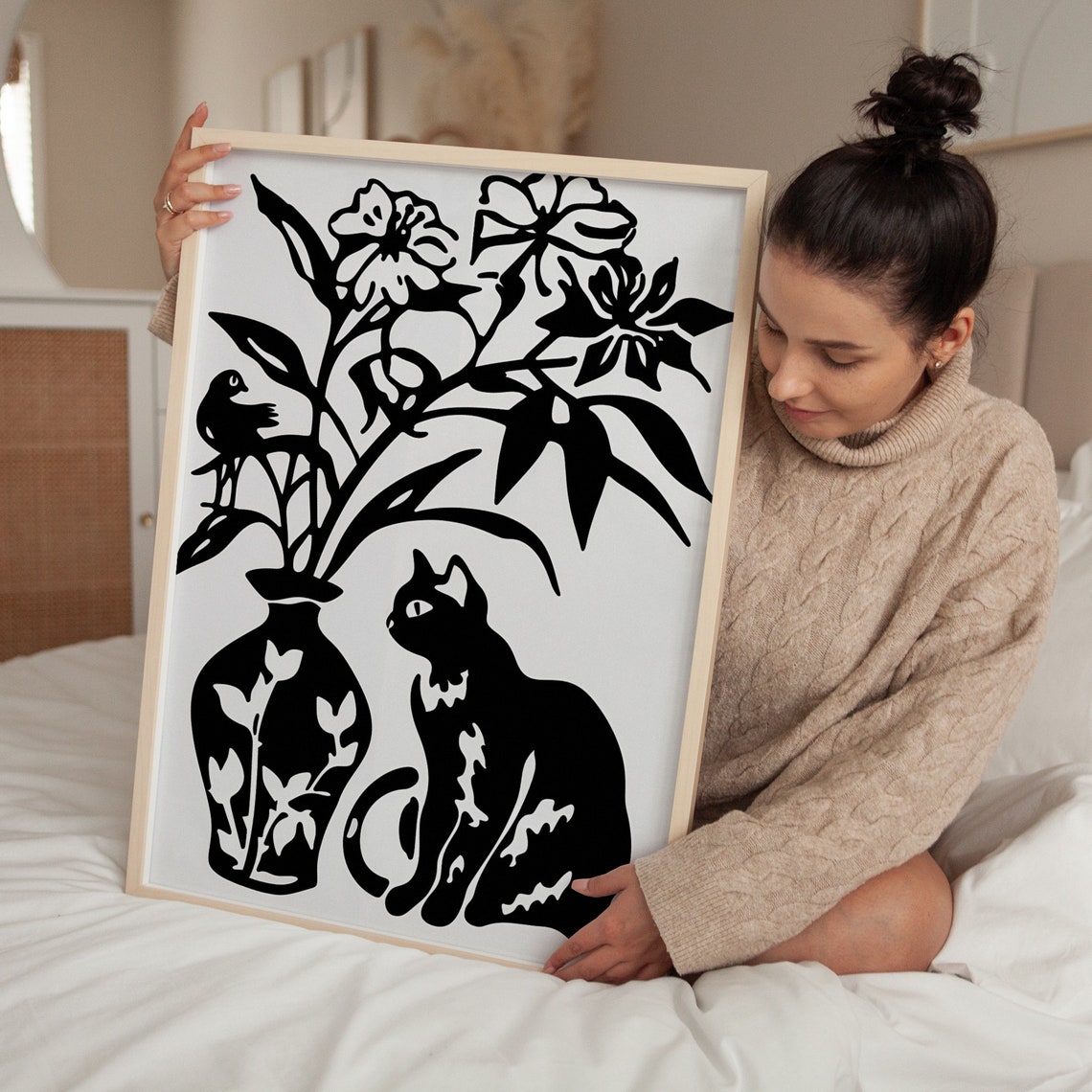 Black Cat Floral Vase Bird Silhouette Bold Papercut Style Art Poster - Image 4